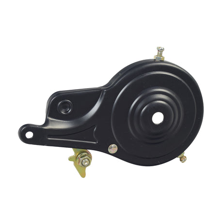 70 mm Rear Band Brake Assembly featuring a black painted steel body and riveted band brake, showcasing screws and a central hole.