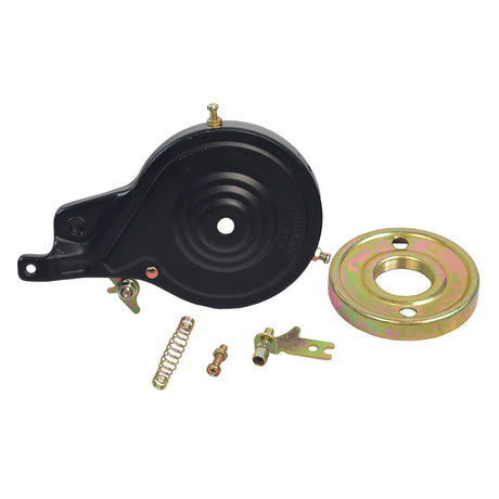 90 mm Rear Band Brake Assembly with Rotor & Spring featuring a black metal body, visible screws, a metal ring, and a spring, designed for compatibility with various scooter models.