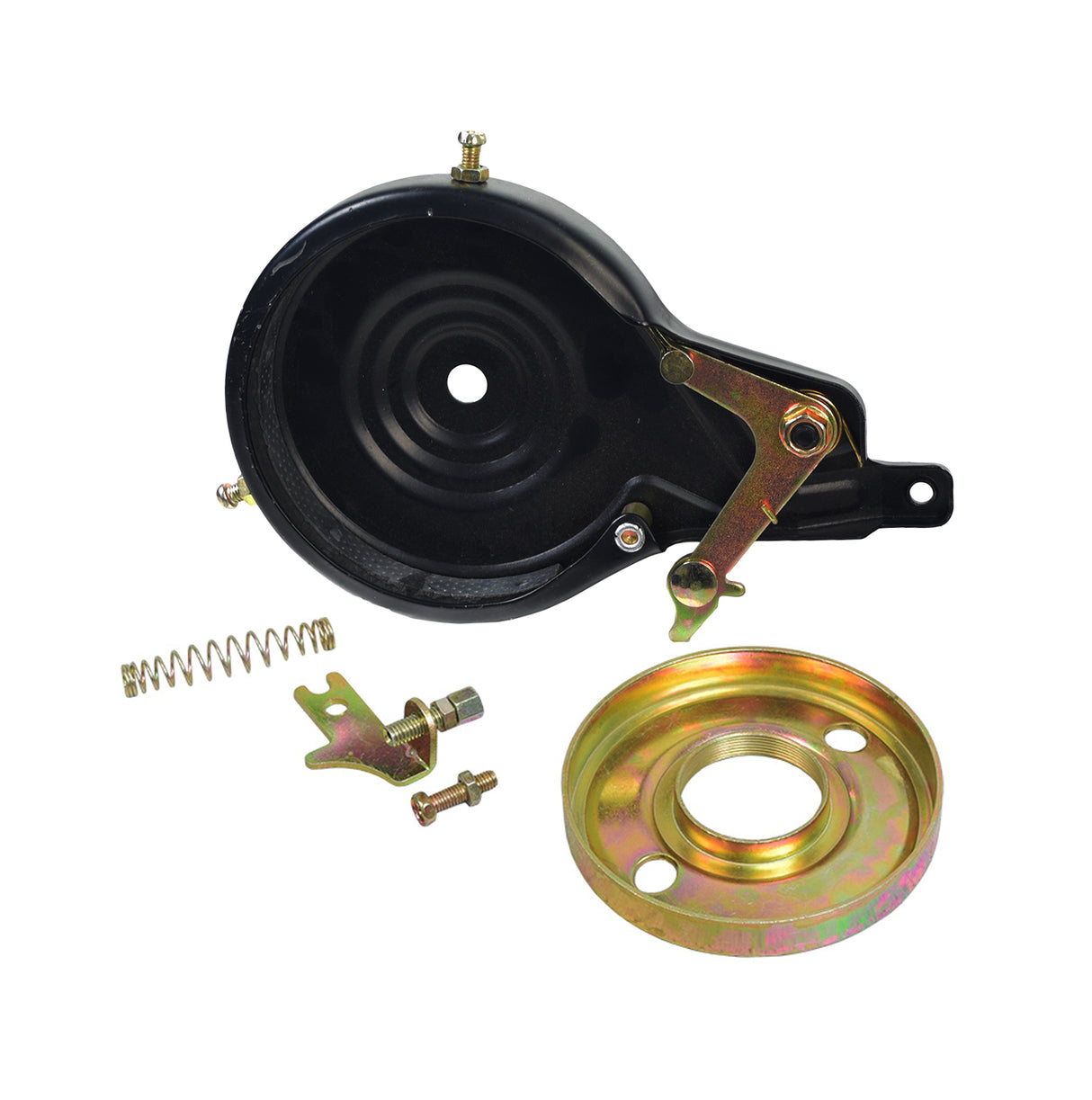 90 mm Rear Band Brake Assembly with Rotor & Spring featuring a black metal body, visible screws, and a spring, designed for compatibility with multiple scooter models.