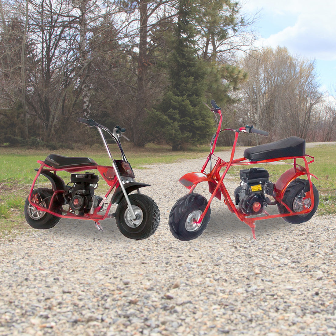 Standard Disc Brake Pads for Standard Brake Calipers (Set of 2) shown next to two red mini bikes on a gravel road. Each brake pad measures approximately 1-1/8 x 3/4.