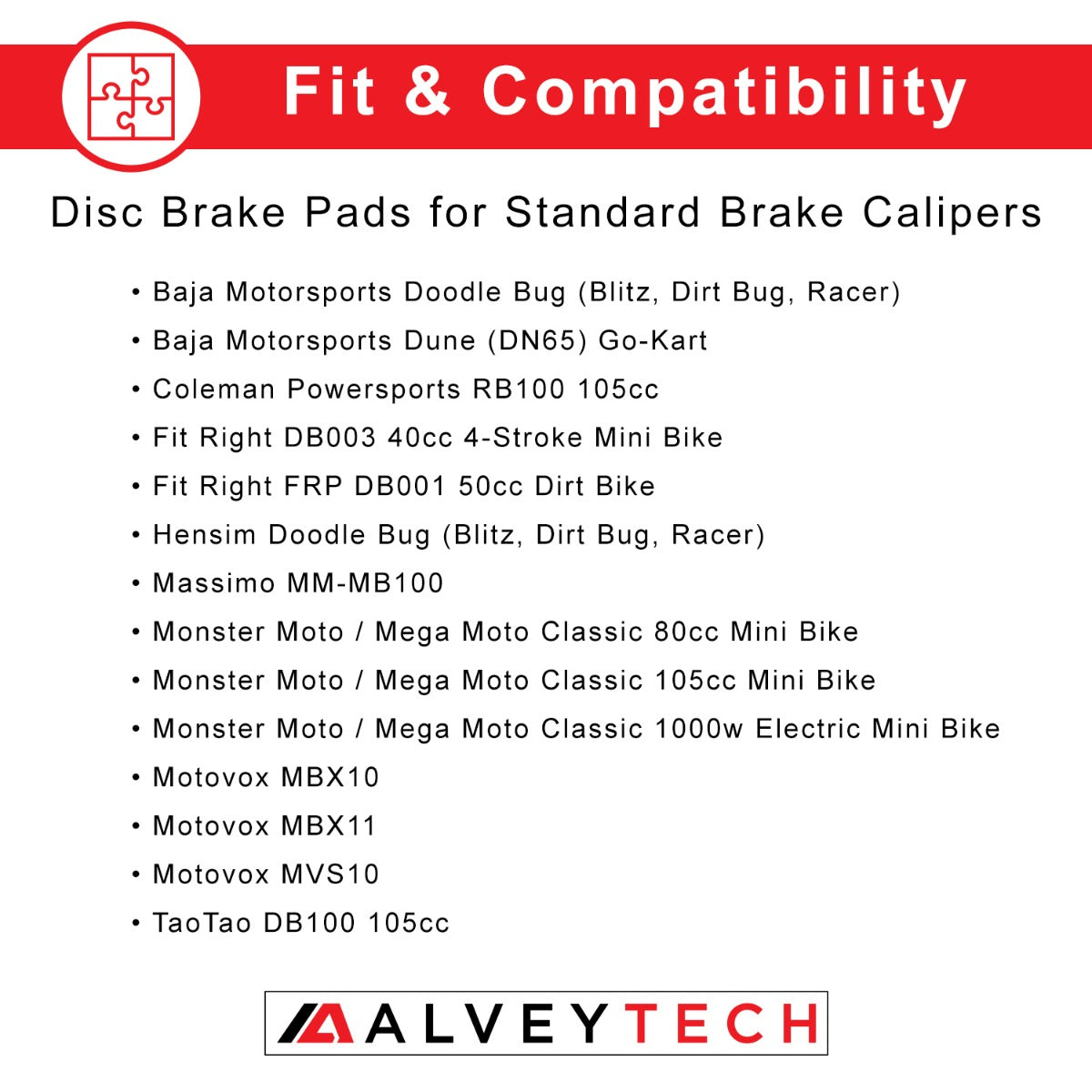 Standard Disc Brake Pads for Standard Brake Calipers (Set of 2) displayed on a card. The set includes two rectangular brake pads suitable for gas-powered mini bikes and scooters.