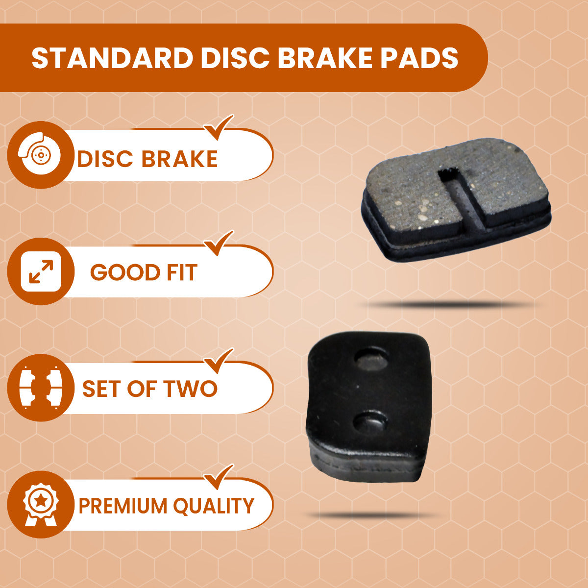 Standard Disc Brake Pads for Standard Brake Calipers (Set of 2) shown in close-up, highlighting the rectangular shape with holes. Suitable for scooters and mini bikes, each pad measures approximately 1-1/8 x 3/4.