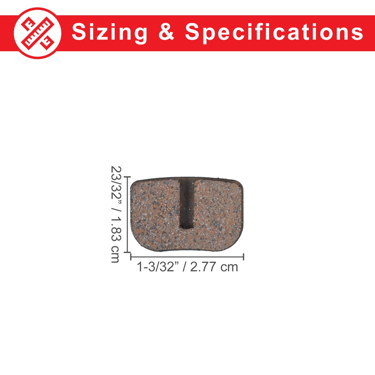 Standard Disc Brake Pads for Standard Brake Calipers (Set of 2), shown as two small rectangular objects with holes, suitable for gas powered mini bikes and electric & gas recreational scooters.