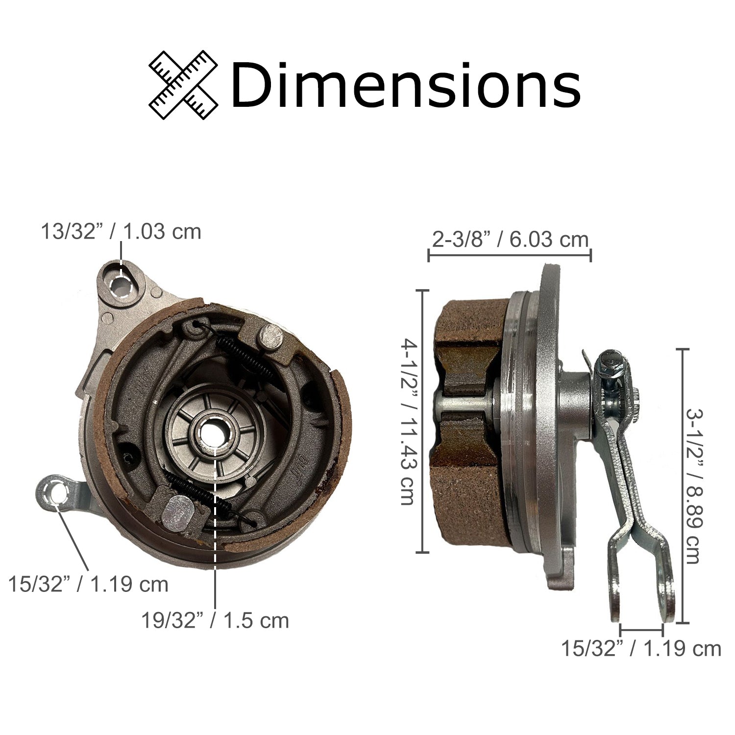 Brake Assembly for the Baja Mini Bike MB165 & MB200 (Baja Heat, Mini Baja, Baja Warrior), featuring a close-up of the mechanical parts, including the 105 mm brake shoe set and rotor.