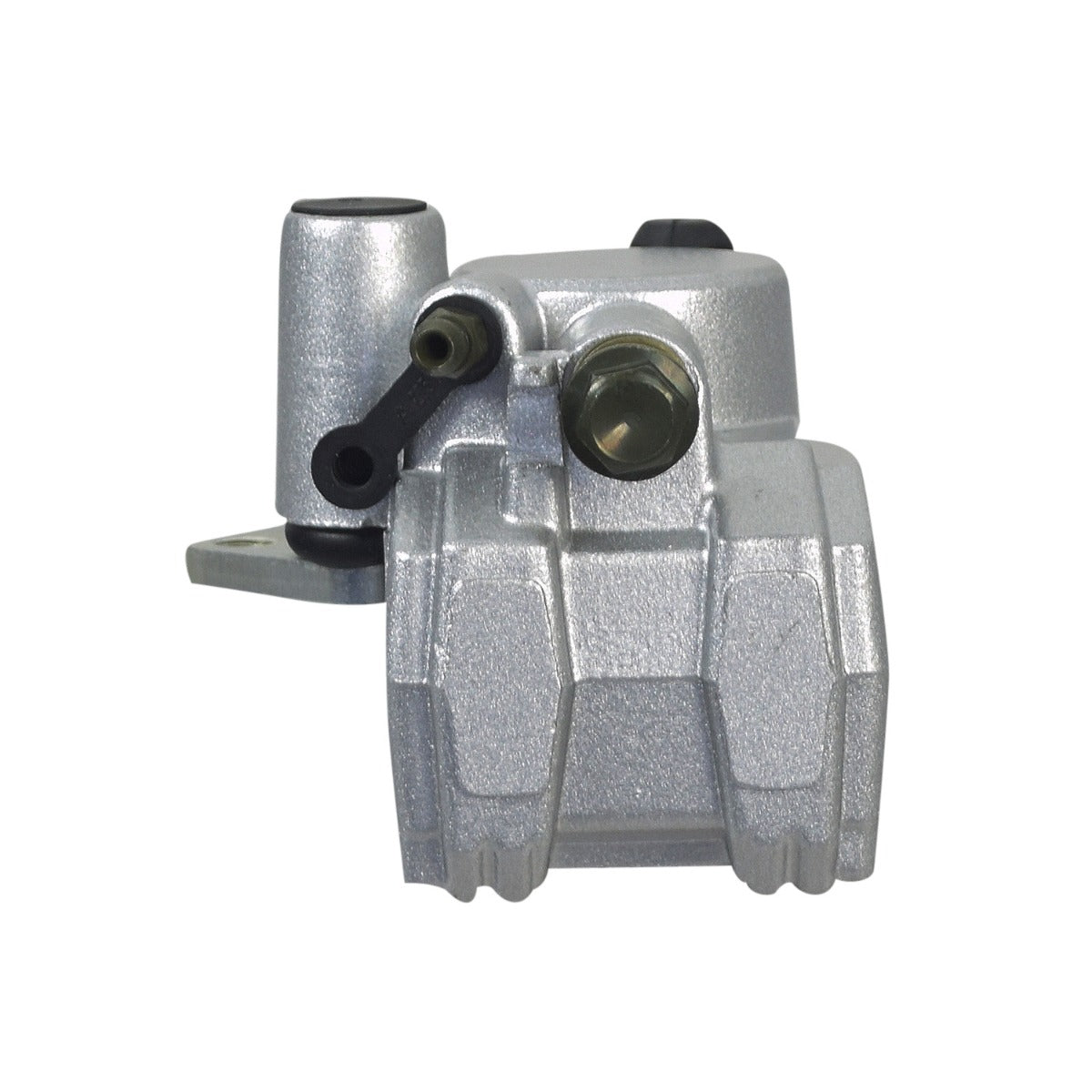 Front Disc Brake Caliper for 125cc and 150cc GY6 Scooters: A silver metal caliper with black knobs and handles, featuring a close-up of the bolt hole spacing and nut.