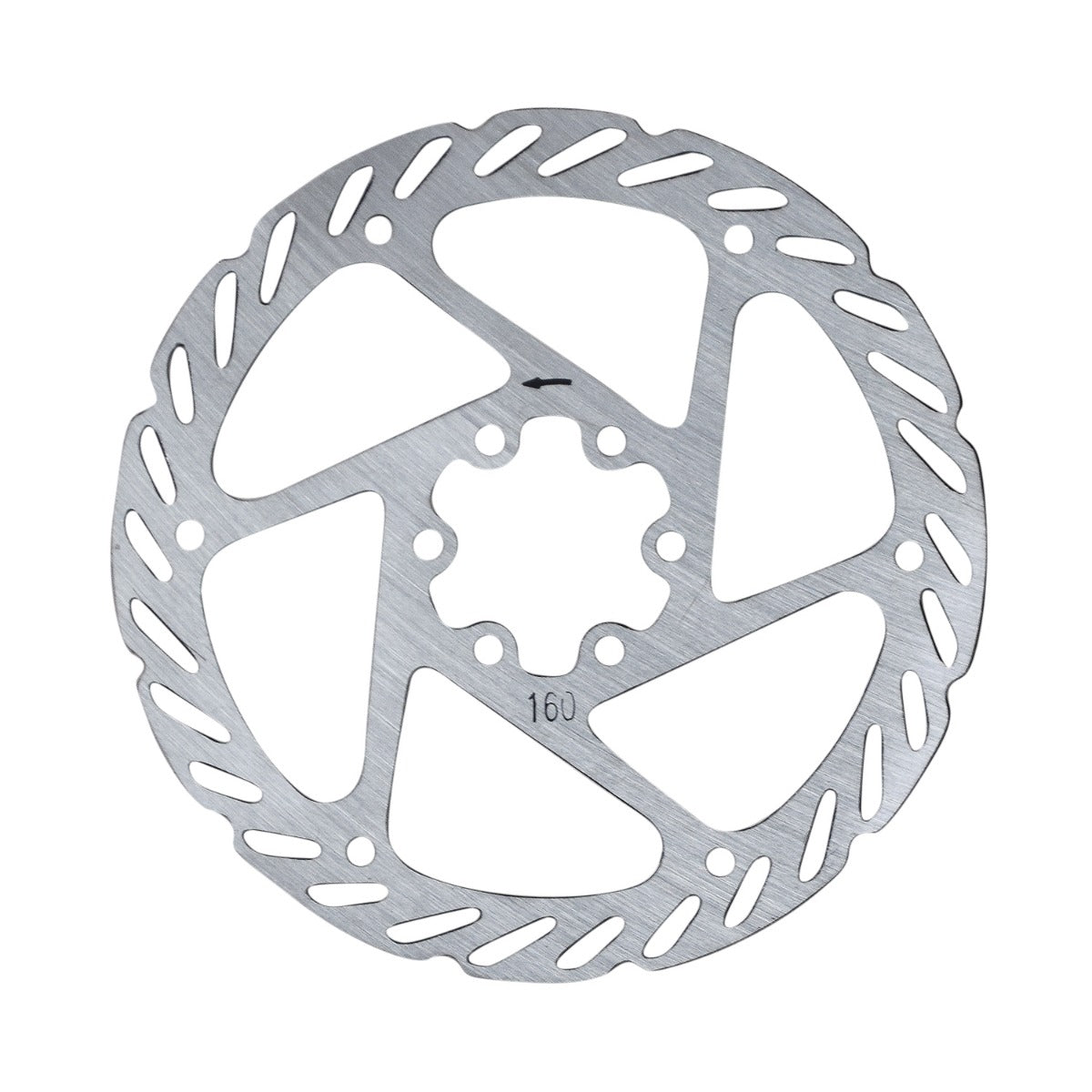 160 mm Disc Brake Rotor for Electric Bicycles – a circular metal gear with a distinct circular pattern, suitable for front or rear wheel assembly, featuring a close-up of the logo and metal ring.