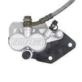 Rear Foot Brake, Disc, Pads, & Master Cylinder Assembly for 110cc & 125cc Dirt Bikes, featuring a close-up of the metal brake caliper, perforated disc, brake pads, and hydraulic master cylinder with cable.