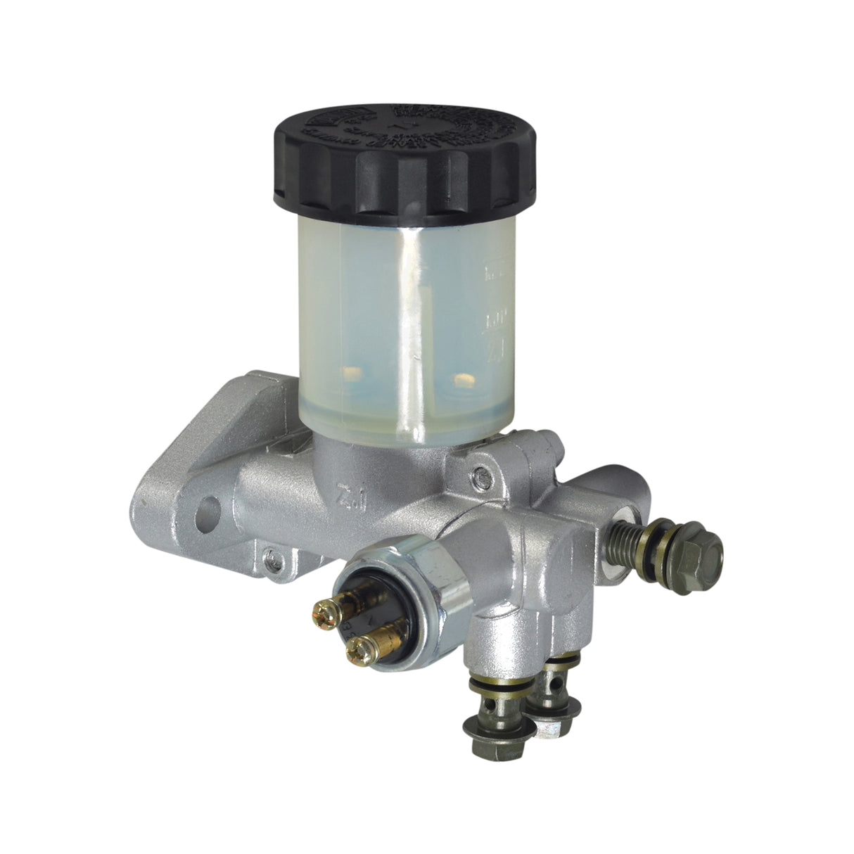 Hydraulic Master Brake Cylinder for 150cc - 250cc Go-Karts & Dune Buggies, showcasing a silver and black cylinder with an attached reservoir, cap, and sensor switch, designed for various go-kart models.