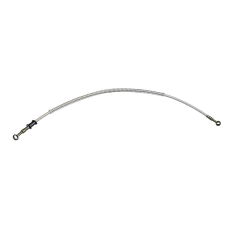 38 Braided Front Left Brake Hose for Go-Karts, featuring a metal wire with 10 mm loop ends and a reinforcing spring, designed for 150cc go-karts like Kandi and Roketa.