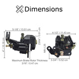 Rear Brake Caliper for 150cc Kandi Go-Karts & Dune Buggies featuring black metal construction, visible bolts and nuts, and integrated brake pads, shown in a detailed diagram with dimensions.