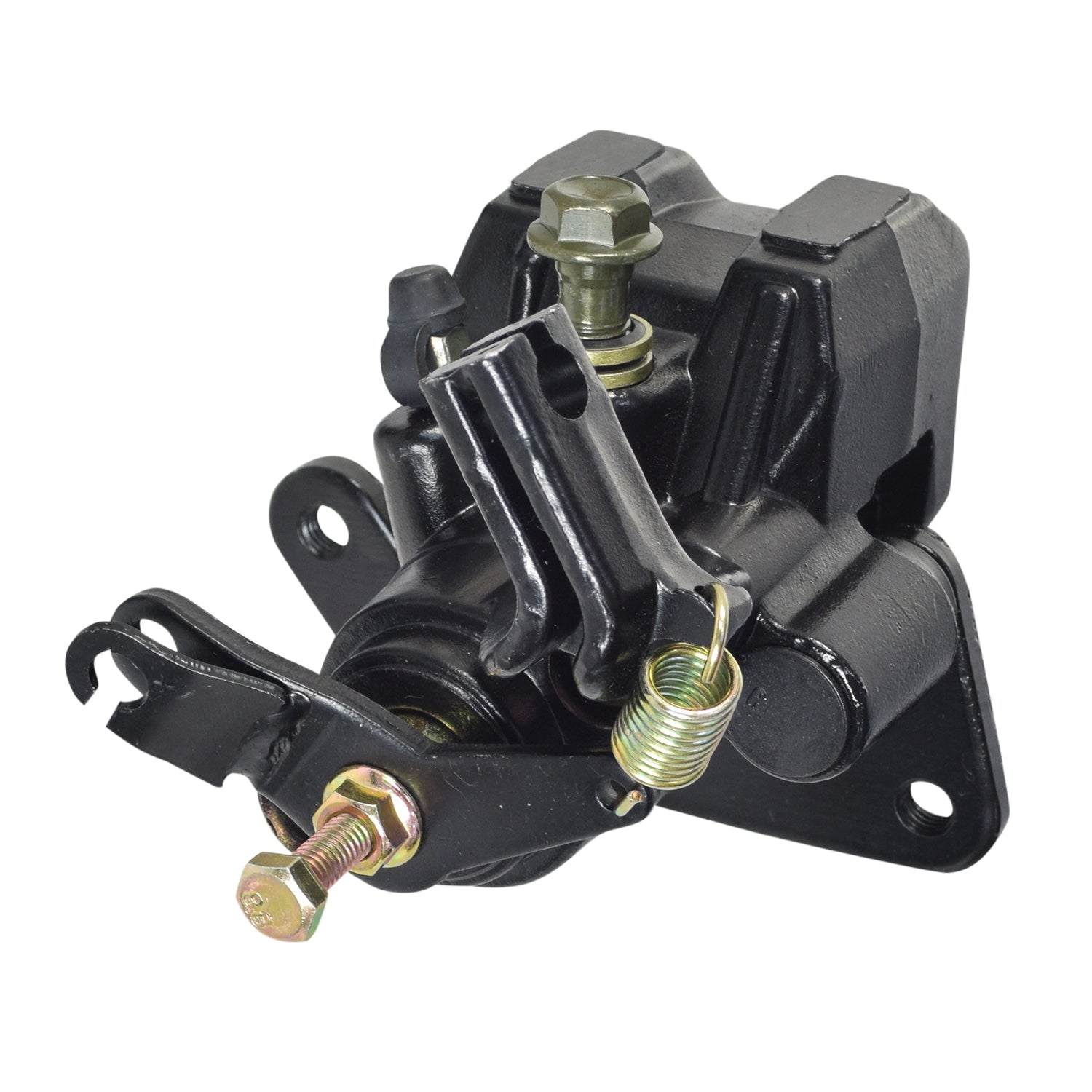 Rear Brake Caliper for 150cc Kandi Go-Karts & Dune Buggies, featuring a close-up of a black metal caliper with bolts and screws, highlighting the intricate details and included brake pads.