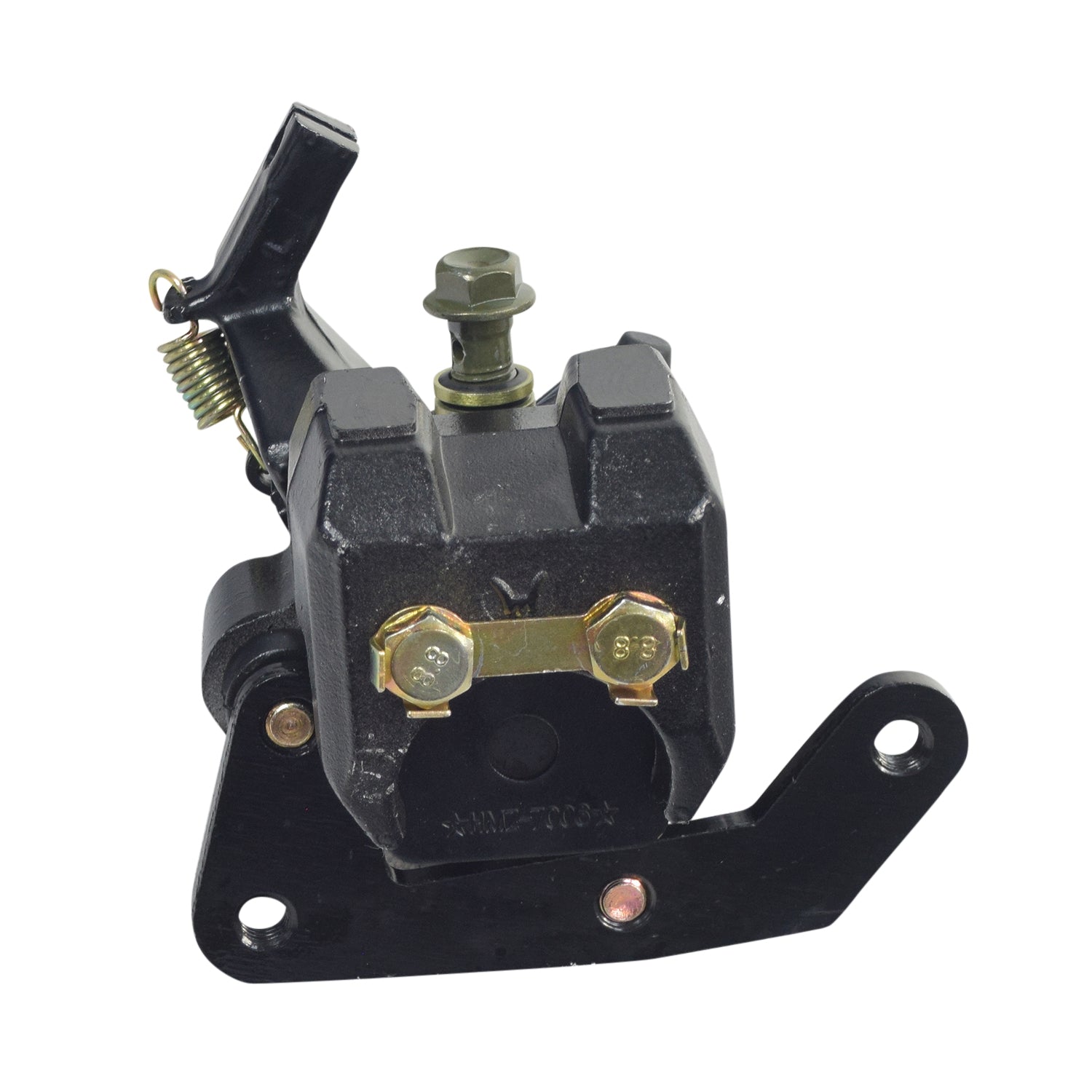 Rear Brake Caliper for 150cc Kandi Go-Karts & Dune Buggies (Blemished) featuring a black metal device with screws, bolts, nuts, and brake pads, optimized for DIY installation.