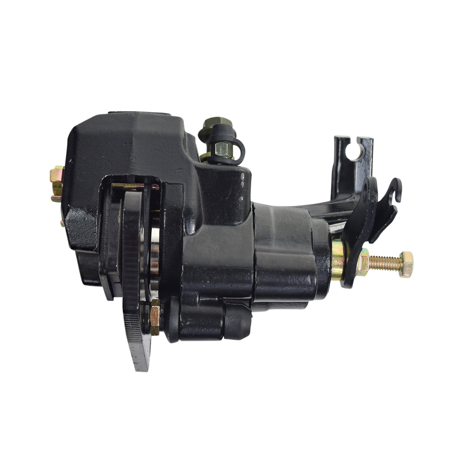 Rear Brake Caliper for 150cc Kandi Go-Karts & Dune Buggies, showing a black mechanical device with a screw, bolt, and nut, optimized for easy DIY installation.