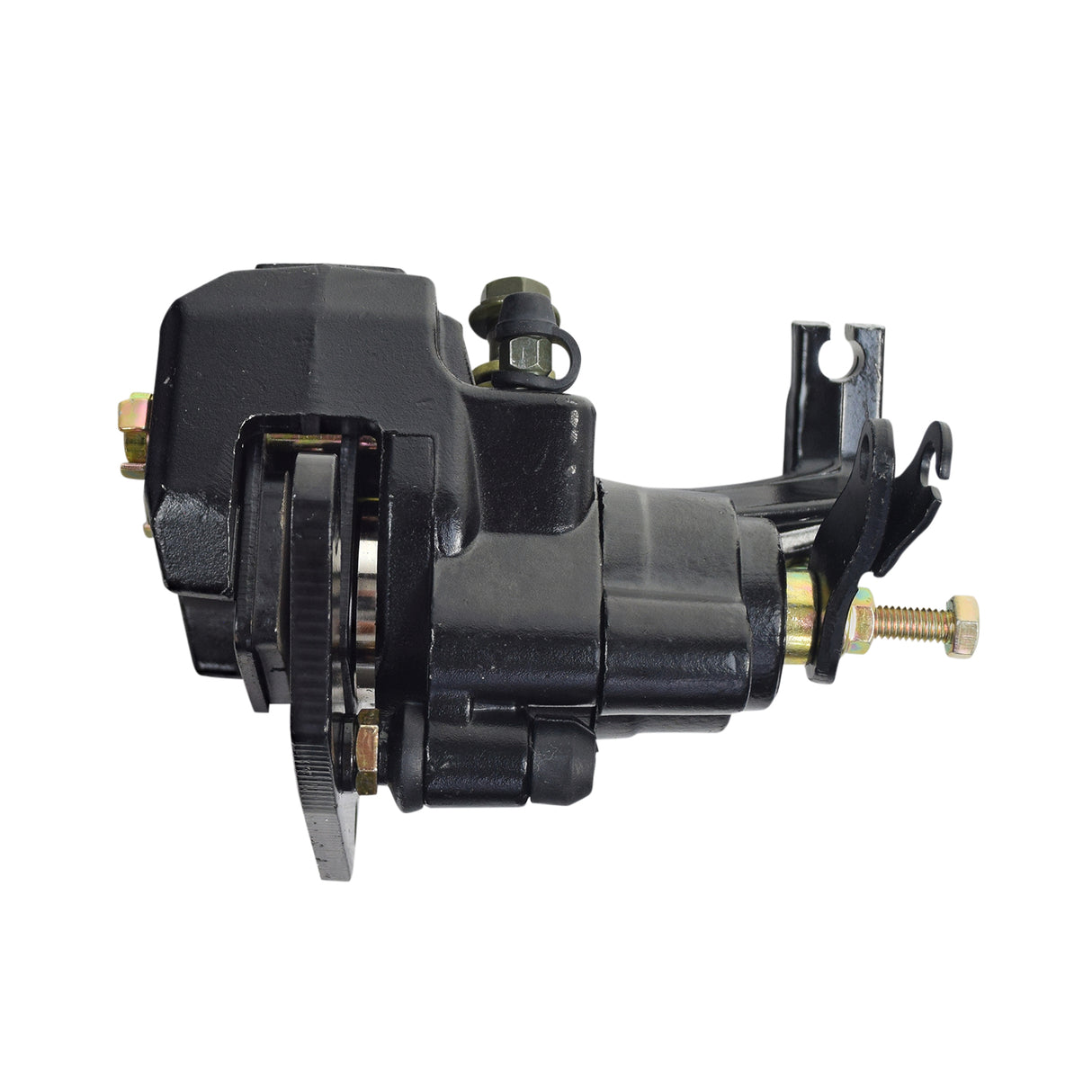 Rear Brake Caliper for 150cc Kandi Go-Karts & Dune Buggies (Blemished), featuring a black mechanical device with a screw, a metal wheel, and visible brake pads, optimized for 150cc go-kart designs.