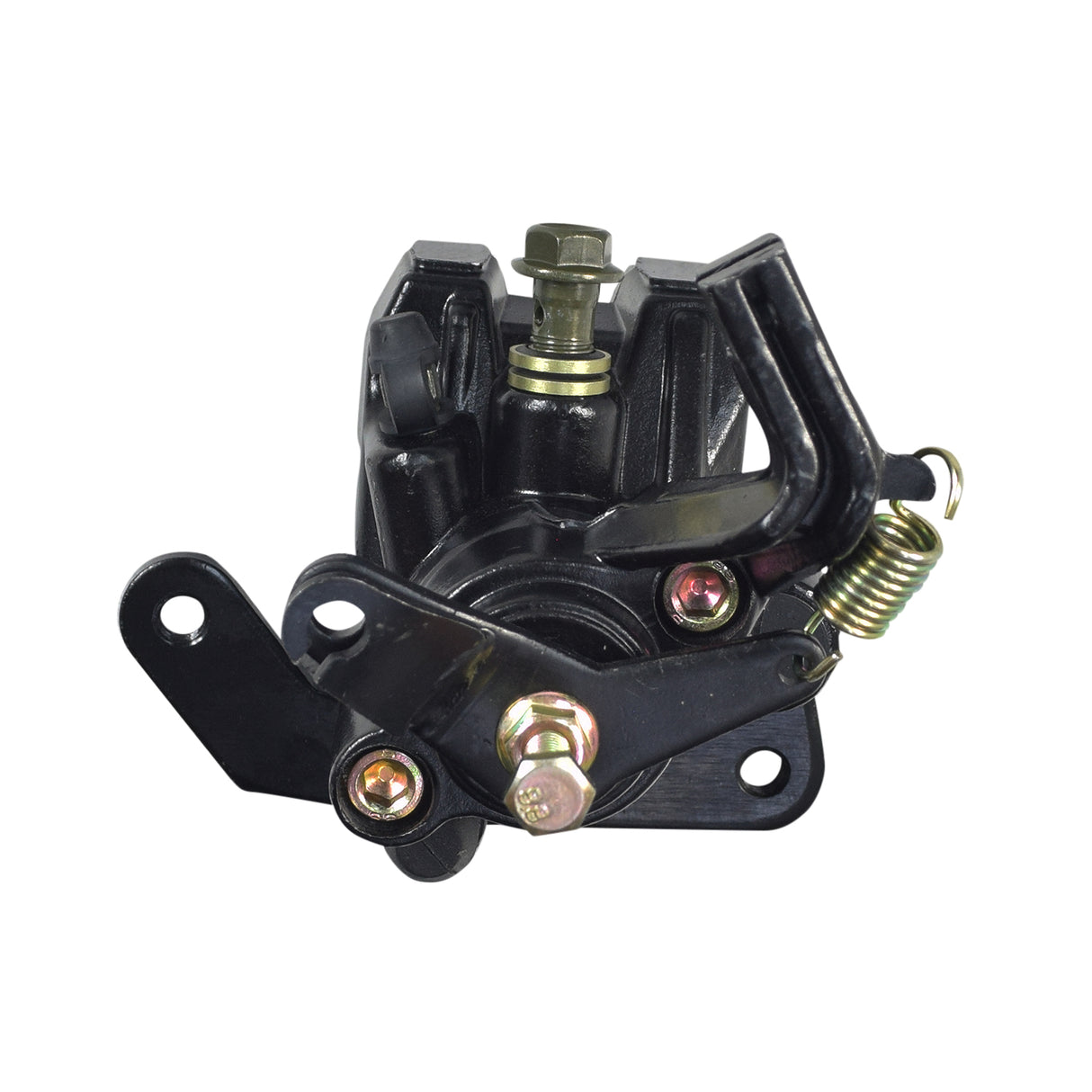 Rear Brake Caliper for 150cc Kandi Go-Karts & Dune Buggies, featuring a black metal structure with screws, bolts, and brake pads, optimized for easy DIY installation.