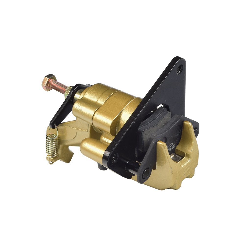 Rear Brake Caliper for 110cc Kandi Go-Karts & Dune Buggies, featuring a close-up of its steel case, brake pads, and lever for parking brake.