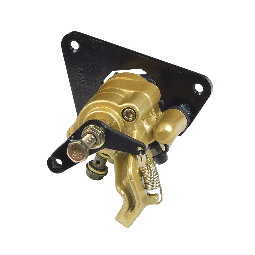 Rear Brake Caliper for 110cc Kandi Go-Karts & Dune Buggies, showing detailed gold and black mechanical components, including a visible screw, brake pads, bleeder screw, and parking brake lever.