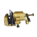 Rear Brake Caliper for 110cc Kandi Go-Karts & Dune Buggies, featuring a gold and black mechanical design with visible bolt, lever, brake pads, bleeder screw, and banjo bolt.