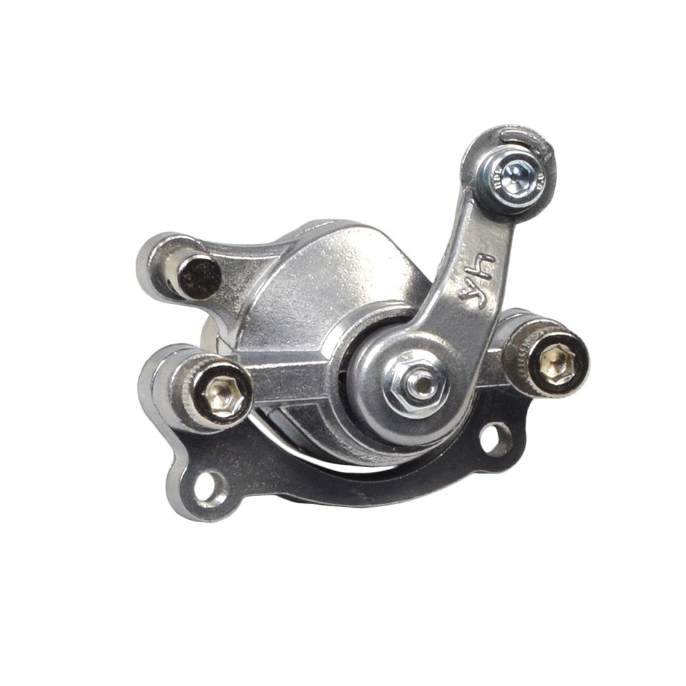 Silver Brake Caliper with Right Arm for Scooters & Mini Bikes – a close-up of the silver metal caliper featuring screws, suitable for gas & electric scooters, go karts, dirt bikes, and mini bikes.