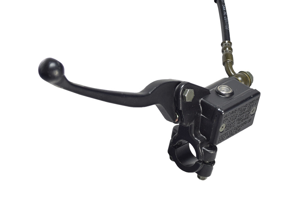 Brake Caliper, Hose, & Lever Assembly for the Monster Moto / Mega Moto MM-B212 Mini Bike, featuring a durable black metal brake lever and complete with necessary brake components.