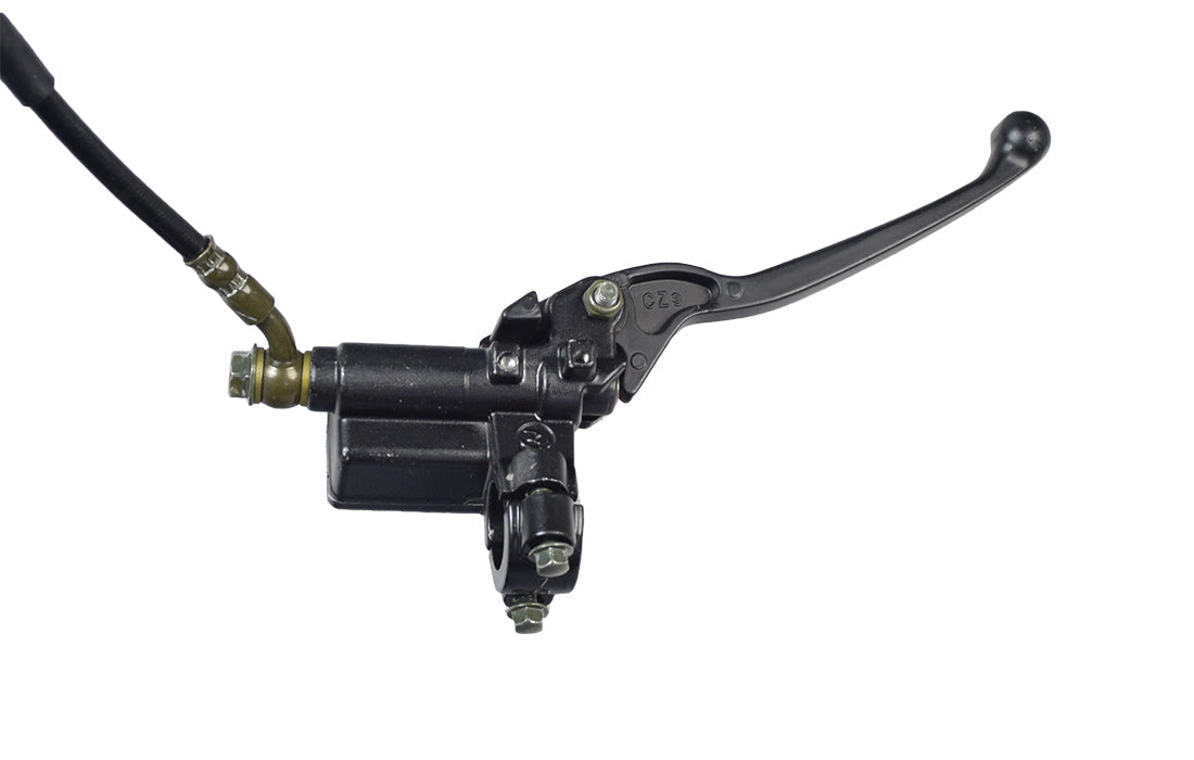 Brake Caliper, Hose, & Lever Assembly for the Monster Moto / Mega Moto MM-B212 Mini Bike, featuring a black metal lever with a black handle, essential for front or rear brake maintenance.