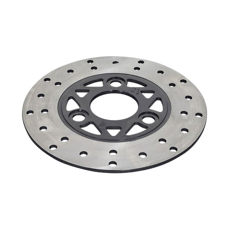 6-1/16 (155 mm) Brake Disc for the Realtree RT200 196cc Mini Bike, featuring a distinctive black enamel inner circle with silver rivets and multiple holes.