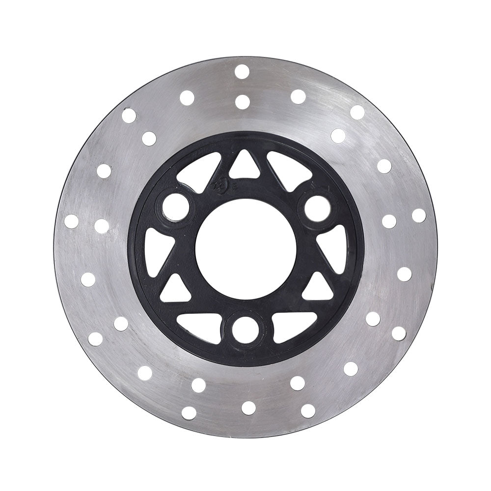 6-1/16 (155 mm) Brake Disc for the Coleman RB200 212cc Mini Bike, featuring a circular metal design with holes and a distinctive black enamel inner circle, suitable for front and rear brakes.