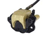 Rear Disc Brake Caliper & Master Cylinder Assembly for the Coleman KT196 6.5 Hp Go-Kart, featuring a close-up of the black and gold brake caliper, cable, and adjustable piston.