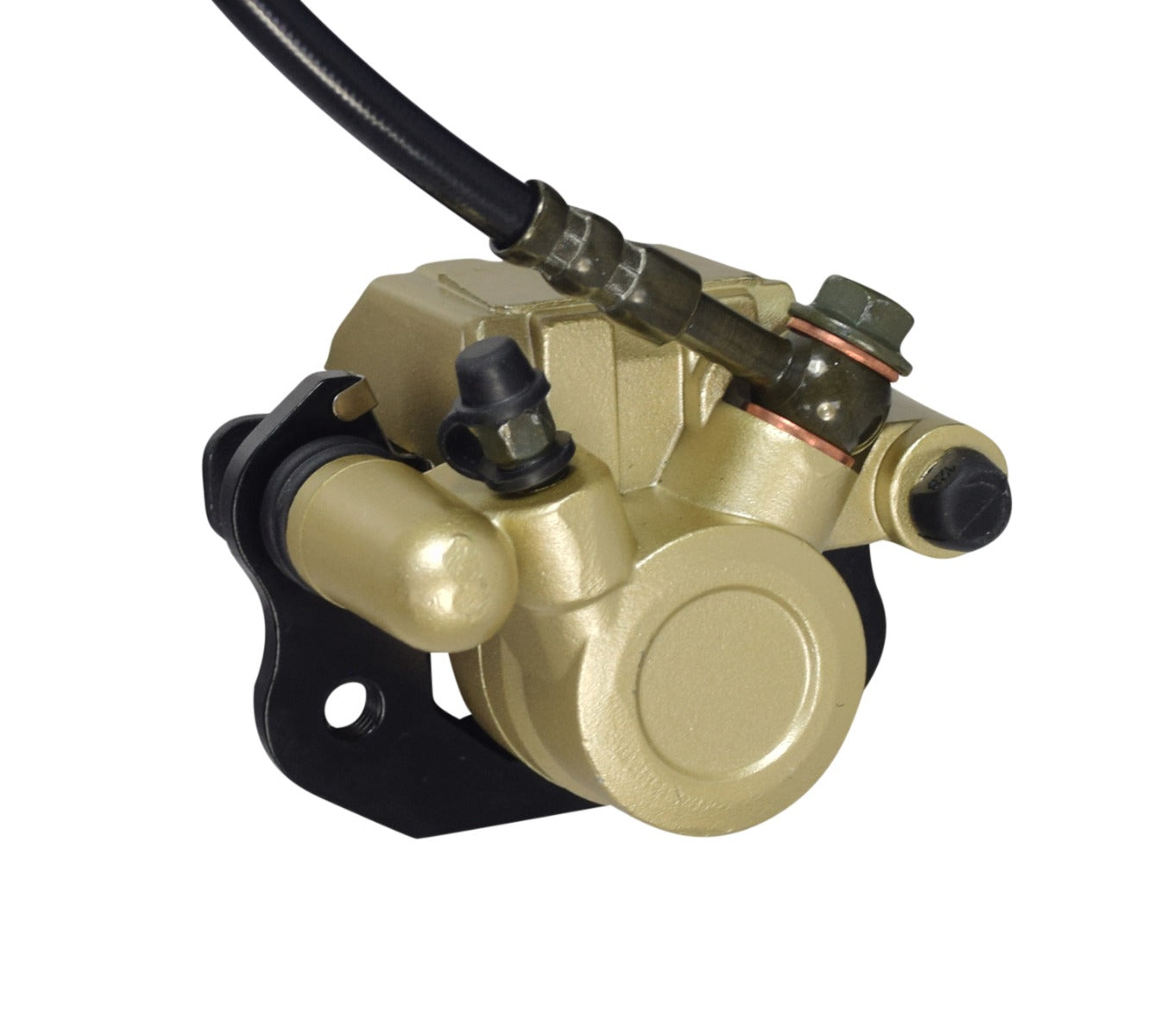 Rear Disc Brake Caliper & Master Cylinder Assembly for Coleman KT196 6.5 Hp Go-Kart, featuring visible brake system components, including the brake line hose, fluid reservoir, adjustable piston, and brake pads.