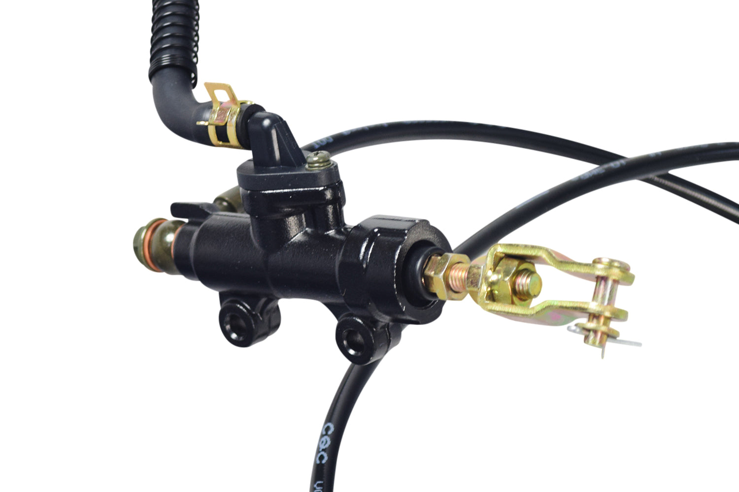 Rear Disc Brake Caliper & Master Cylinder Assembly for the Coleman CK100 Go-Kart, featuring visible black hoses, brake pads, and adjustable piston, essential for enhancing go-kart braking performance.