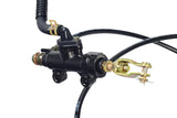 Rear Disc Brake Caliper & Master Cylinder Assembly for the Coleman CK100 Go-Kart, featuring visible black hoses, brake pads, and adjustable piston, essential for enhancing go-kart braking performance.