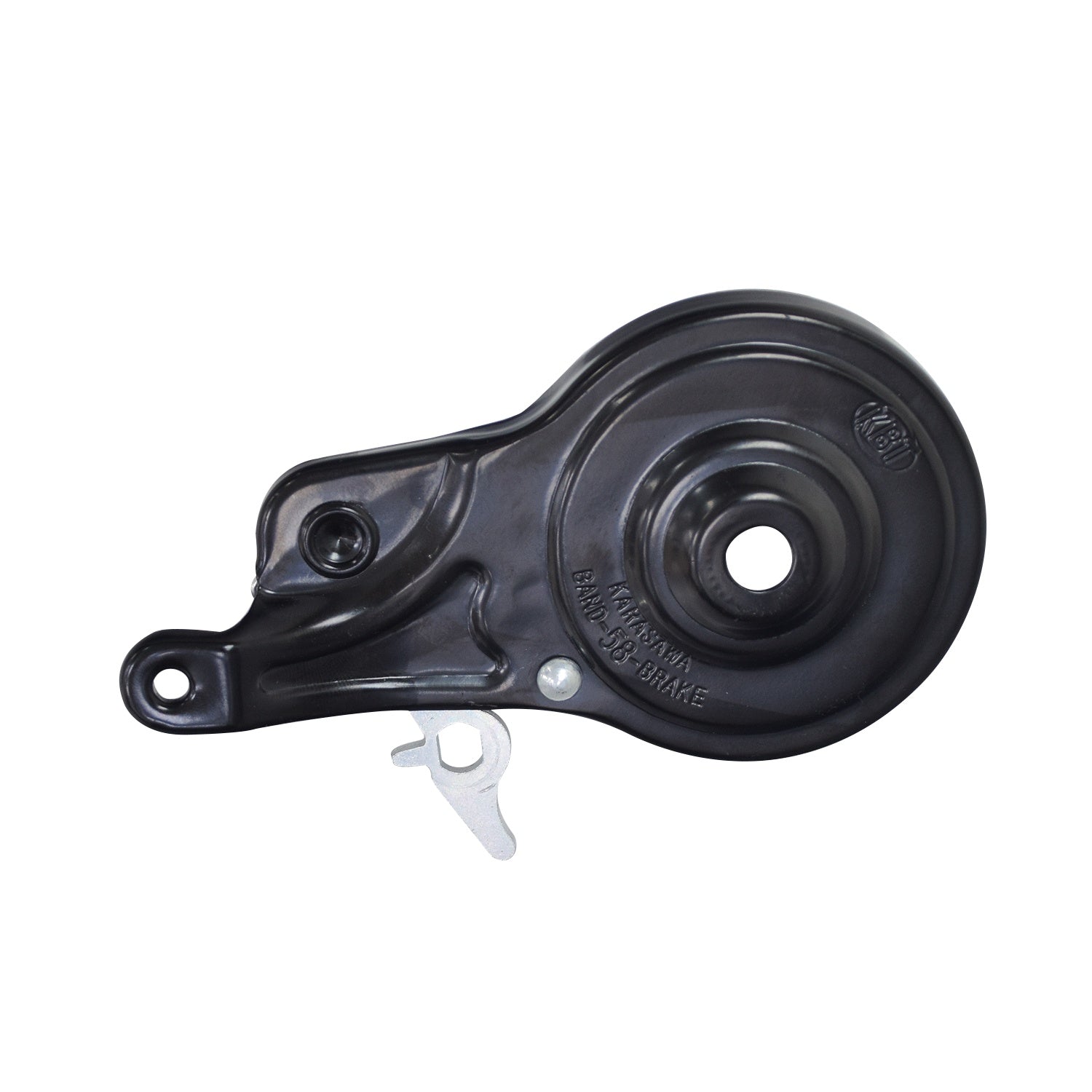 58 mm Band Brake Assembly for the Razor MX125 Dirt Rocket Dirt Bike, featuring a compact black metal design with a nut, housing, brake band, spring, and pivot arm.