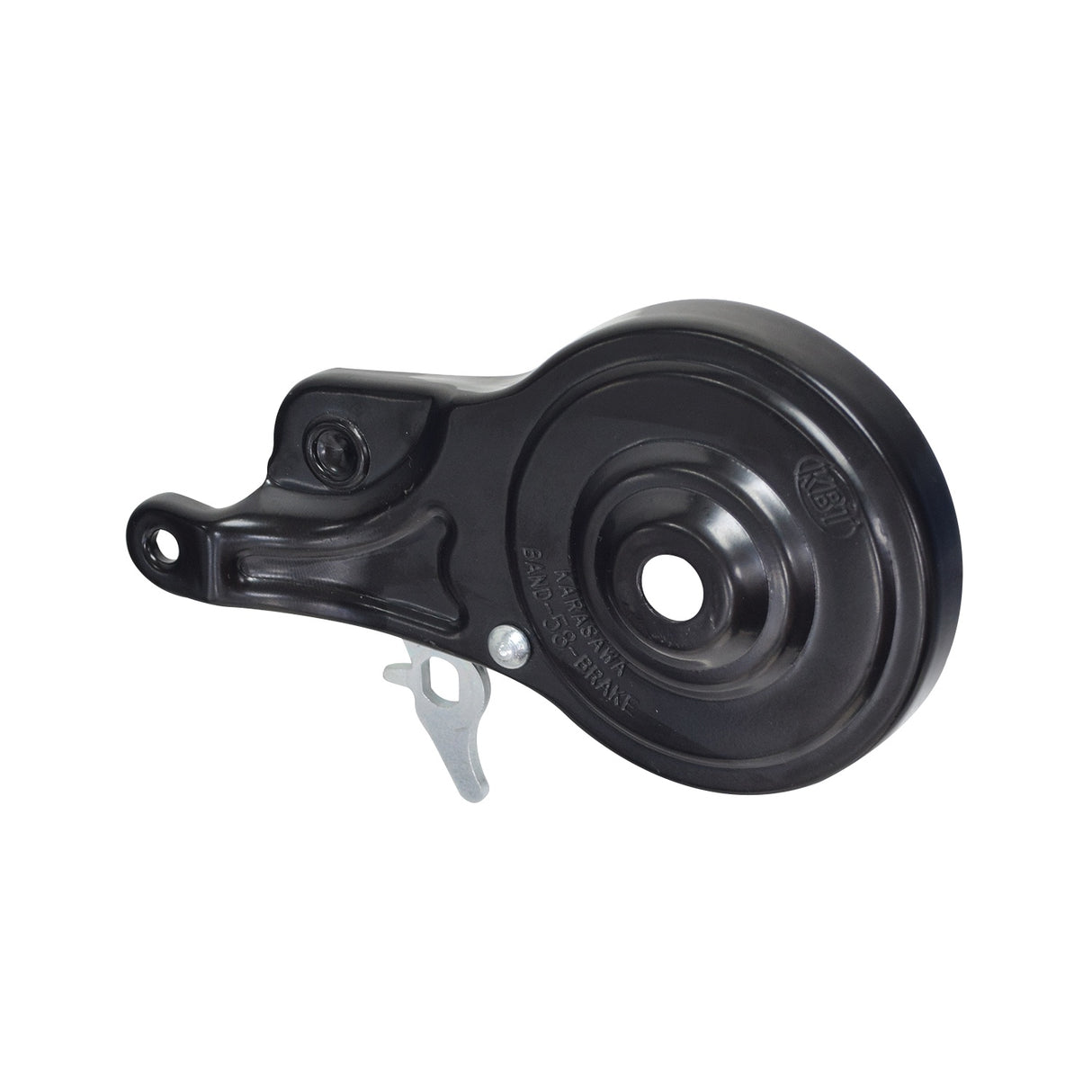 58 mm Band Brake Assembly for the Razor MX125 Dirt Rocket Dirt Bike, featuring a black round metal pulley with a hole, attached to a metal handle, including housing, brake band, spring, and pivot arm.