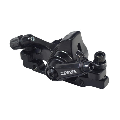 Coreride Brake Caliper for Electric Scooters & Bikes, shown as a close-up of a black metal caliper with screws, designed for smooth stopping on wheel rotor discs.