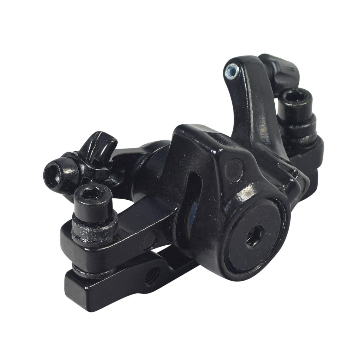 Replacement Brake Caliper for the ANCHEER 26 350W Electric Mountain Bike, displayed close up showing black metal construction, screws, and a vent, highlighting its robust build and precision components.