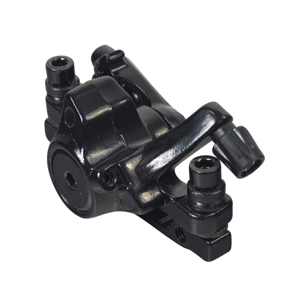 Coreride Brake Caliper for Electric Scooters & Bikes, showcasing a black metal assembly with a round knob and visible connector, designed for front or rear brake use, ensuring efficient and smooth stops.