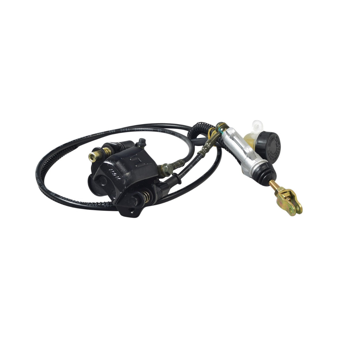 Rear Disc Brake Caliper & Master Cylinder Assembly for the Realtree RTK200 196cc Go-Kart, featuring a close-up of the black and silver brake system with attached brake line hose and fluid reservoir.