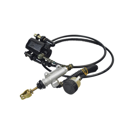 Rear Disc Brake Caliper & Master Cylinder Assembly for the Realtree RTK200 196cc Go-Kart, featuring a close-up view of the black and silver brake system, including the brake line hose and fluid reservoir.