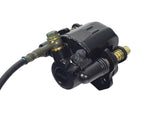 Rear Disc Brake Caliper & Master Cylinder Assembly for the Realtree RTK200 196cc Go-Kart, showcasing the mechanical components, including the brake line hose, adjustable piston, brake fluid reservoir, and disc brake pads.