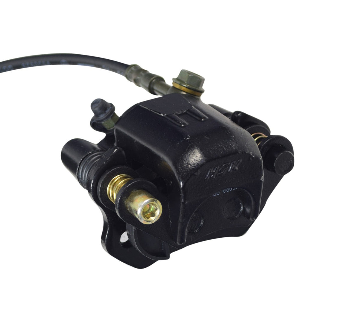 Rear Disc Brake Caliper & Master Cylinder Assembly for the Realtree RTK200 196cc Go-Kart, showing the black and silver mechanical device with a hose, brake line, brake fluid reservoir, and adjustable piston.