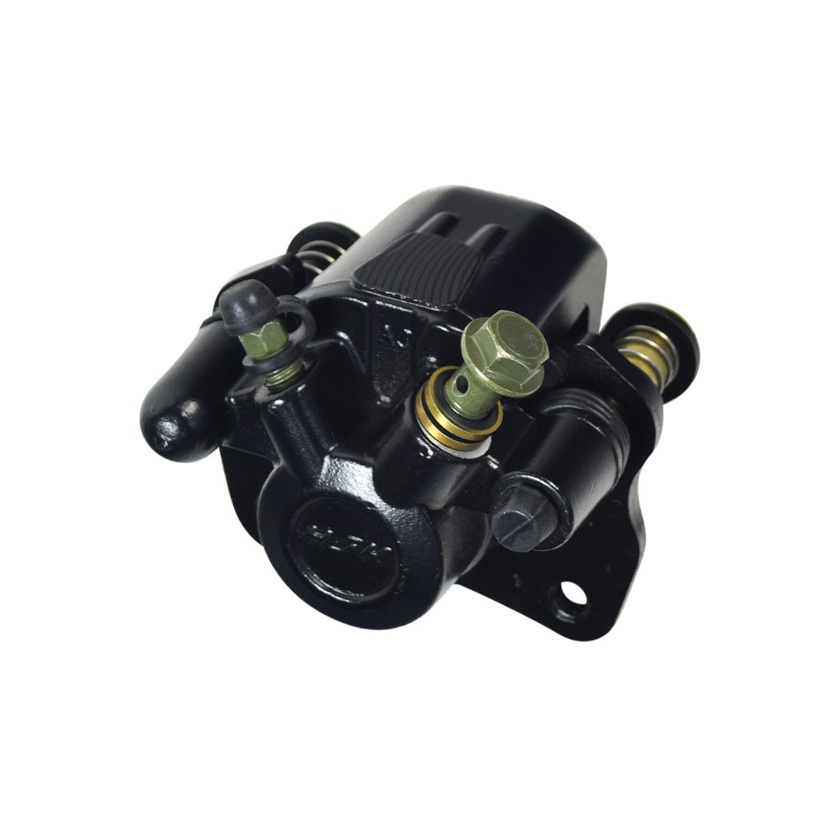 Rear Brake Caliper for Coleman AT125-EX & AT125-UT ATVs, featuring a black mechanical device with metal parts, bolts, screws, and a close-up of a nut, including new brake pads.