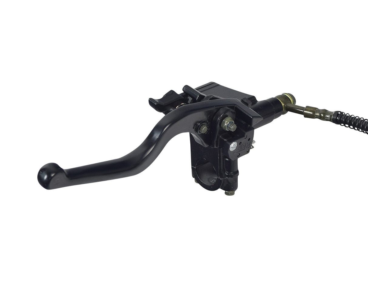 Front Brake Assembly for Coleman AT200-B ATV, featuring a black handlebar-mounted lever, calipers with brake pads, master cylinder, and brake fluid line with Y splitter, designed for right-side installation.