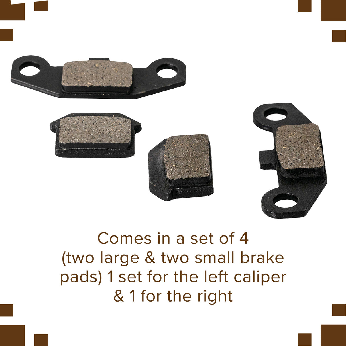 Front Brake Pad Set for Coleman AT125-EX & AT125-UT ATVs (Left & Right) showing four black and gray brake pads arranged together, ready to mount on front calipers.