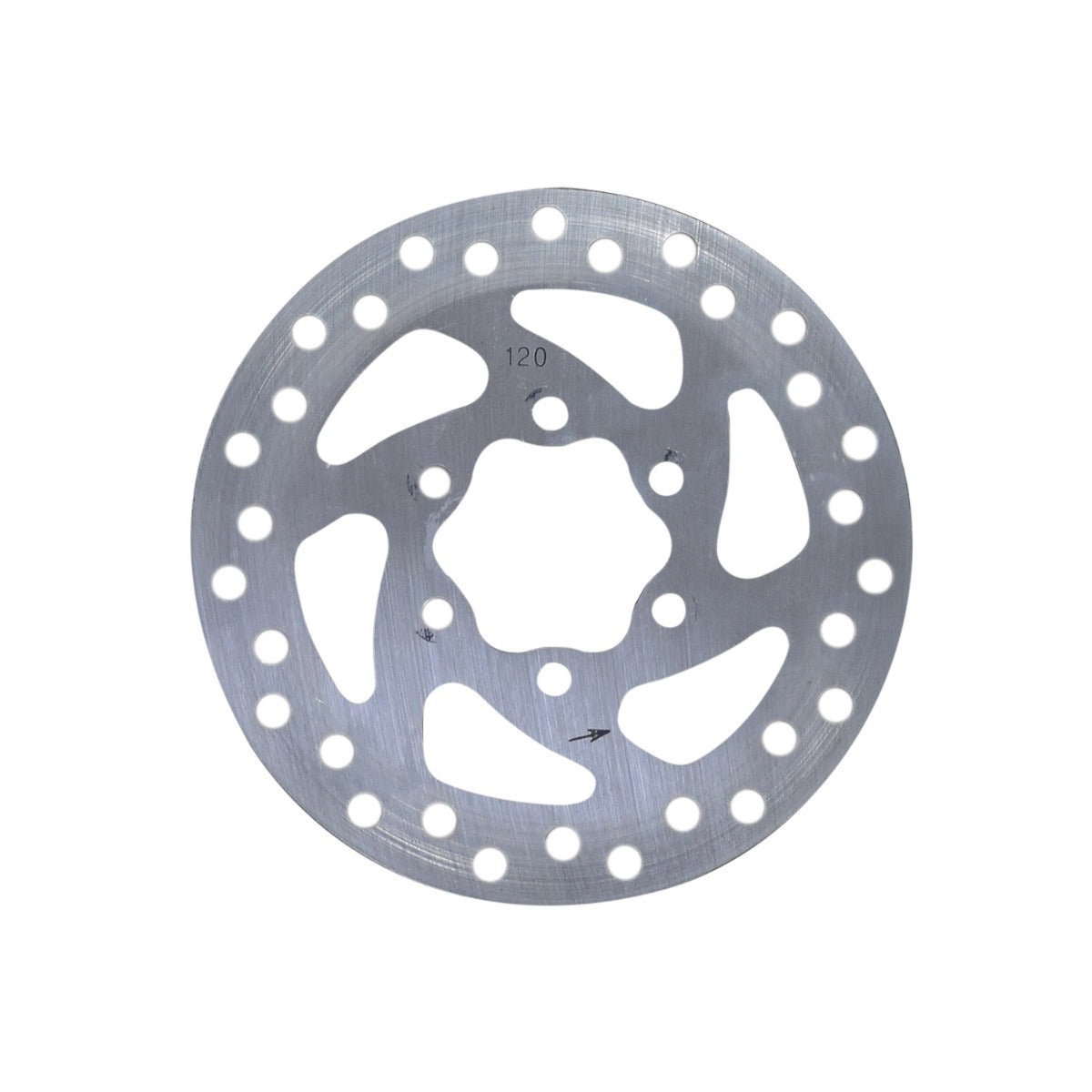 120 mm Disc Brake Rotor with 6 Mounting Holes for Hiboy® S2, S2 Pro, & S2R Electric Scooters. Circular metal object with evenly spaced holes for mounting.