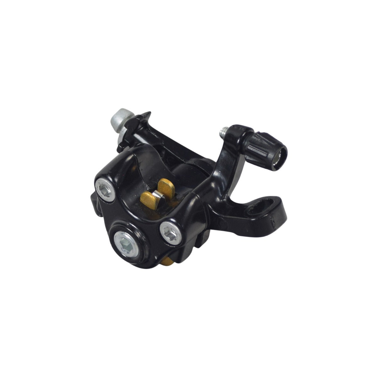 Brake Caliper for the Swagtron EB6 Bandit Fat Tire Electric Bike, showcasing a detailed view of the black and gold metal device with visible screws and levers.