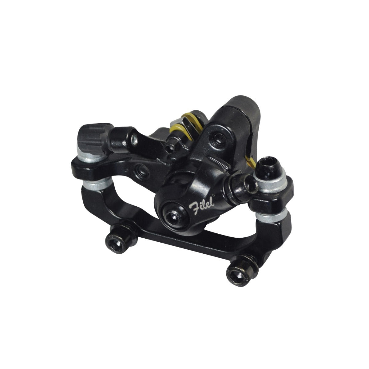 Brake Caliper with Mount for Electric Bikes: A close-up of a black metal caliper with preinstalled 2-hole mounting bracket, screws, and visible circular components, designed for durability and efficient braking.