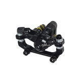 Brake Caliper with Mount for Electric Bikes: A close-up of a black metal caliper with preinstalled 2-hole mounting bracket, screws, and visible circular components, designed for durability and efficient braking.