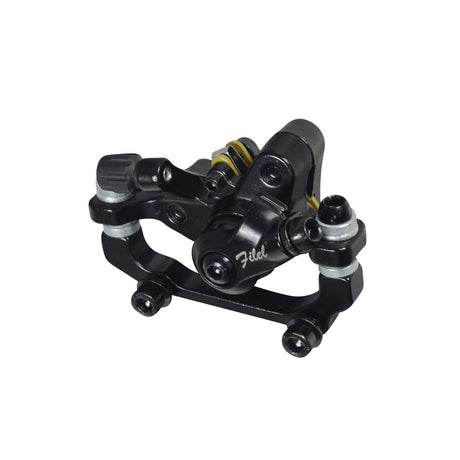 Brake Caliper with Mount for Electric Bikes: A close-up of a black metal caliper with preinstalled 2-hole mounting bracket, screws, and visible circular components, designed for durability and efficient braking.