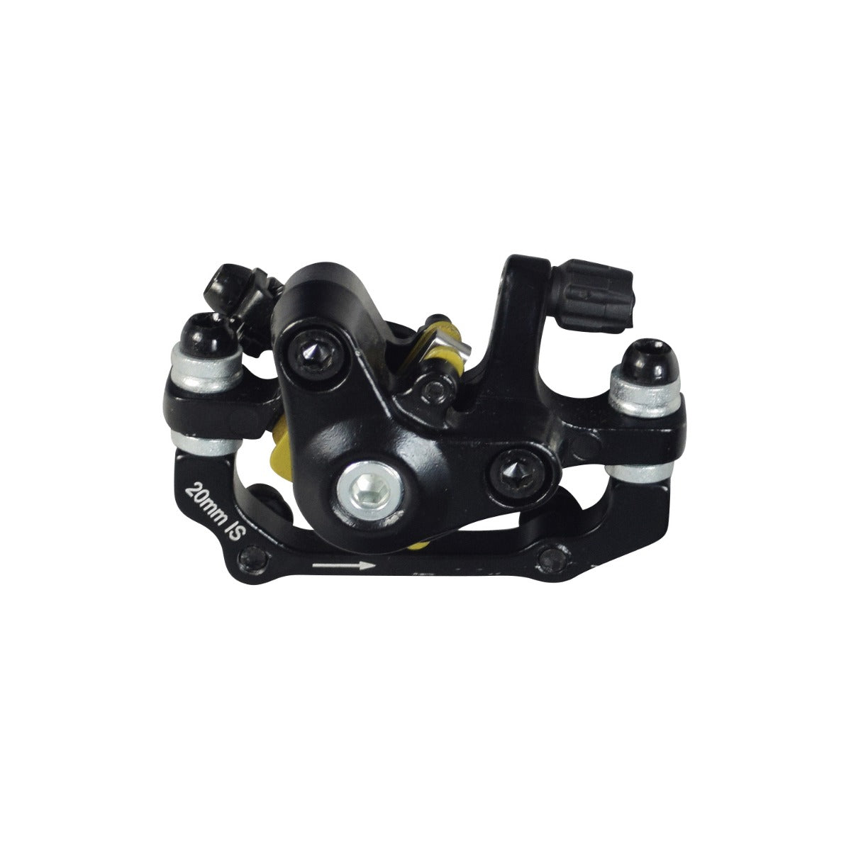 Brake Caliper with Mount for HeyBike Electric Bicycles, showcasing a robust black and silver steel construction designed for front brake discs, ensuring durability and easy installation with a preinstalled 2-hole mounting bracket.