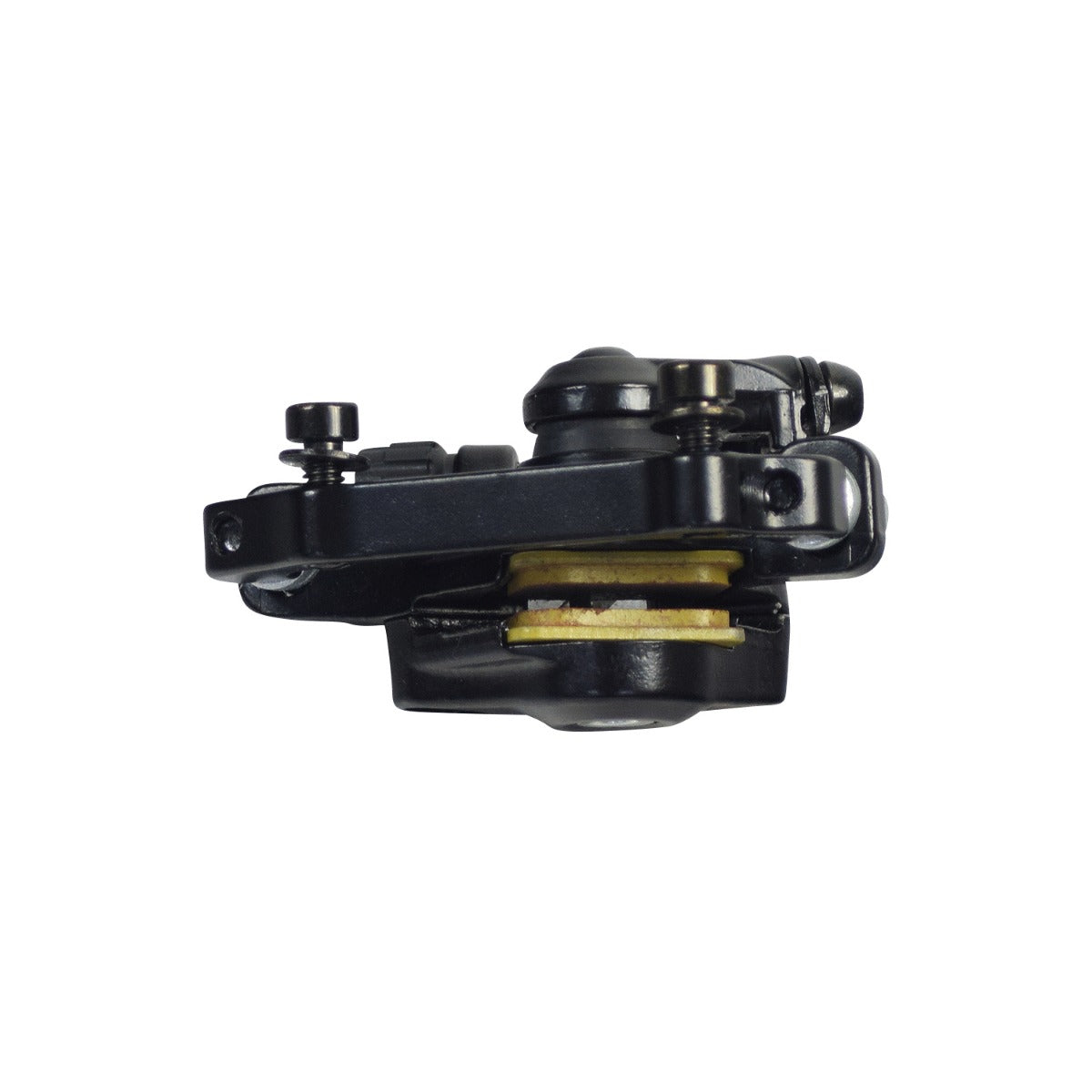 Brake Caliper with Mount for Electric Bikes, featuring a robust steel construction and preinstalled 2-hole mounting bracket for easy installation, visible with detailed close-ups of mechanical components.